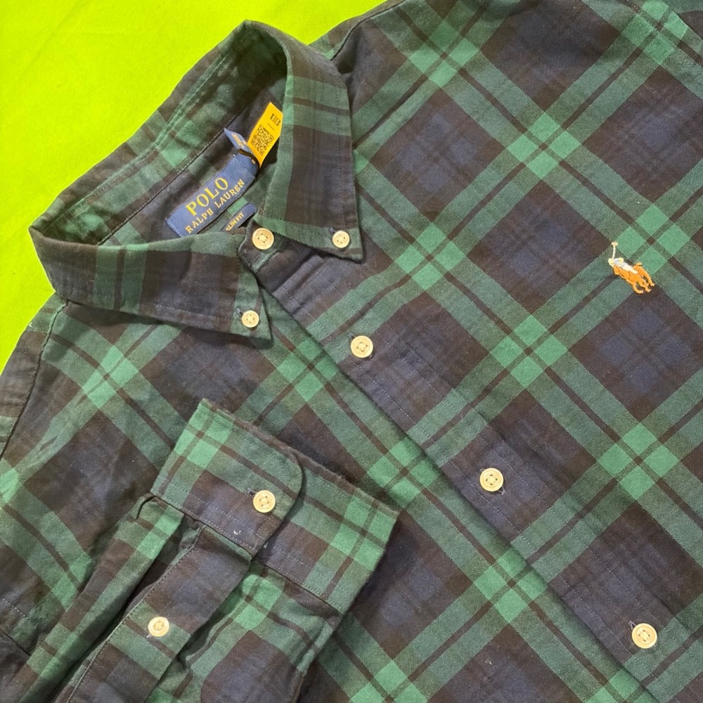 Polo Ralph Lauren Black Watch Plaid Shirt Mens XL Green/Navy Slim Fit Pony Logo